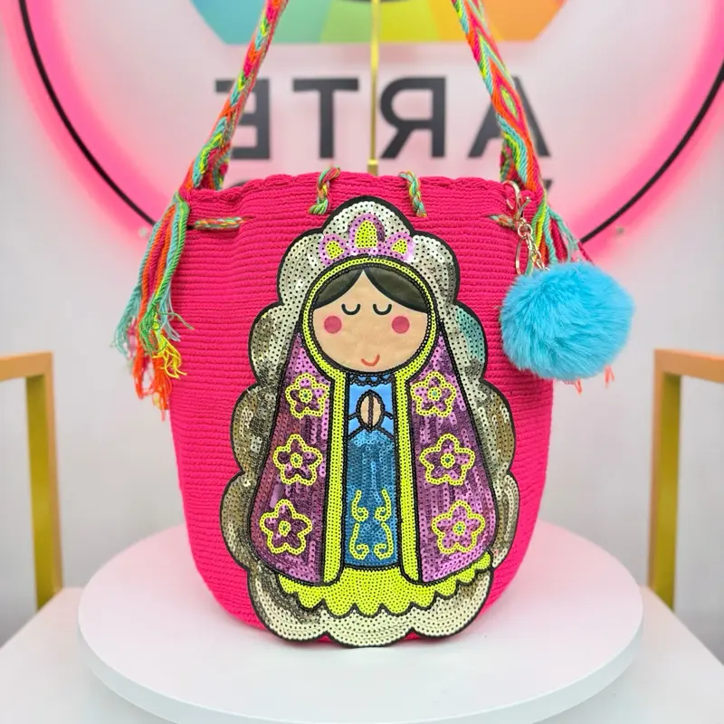 Wayuu Bag with Virgin of Guadalupe Sequin Appliqué – Handmade Colombian Crossbody Purse