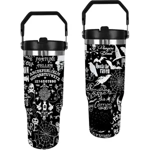 Halloween Tumbler, Spooky Skull Tumbler Spider Bat Cup with Handle and Straw, 30 oz Stainless Steel Insulated Water Bottle Halloween Gifts for Women leak proof outdoor Vacuum girly reusable straw tip lid Steel Skull Tumbler with Handle Large Fall Xmas Mom
