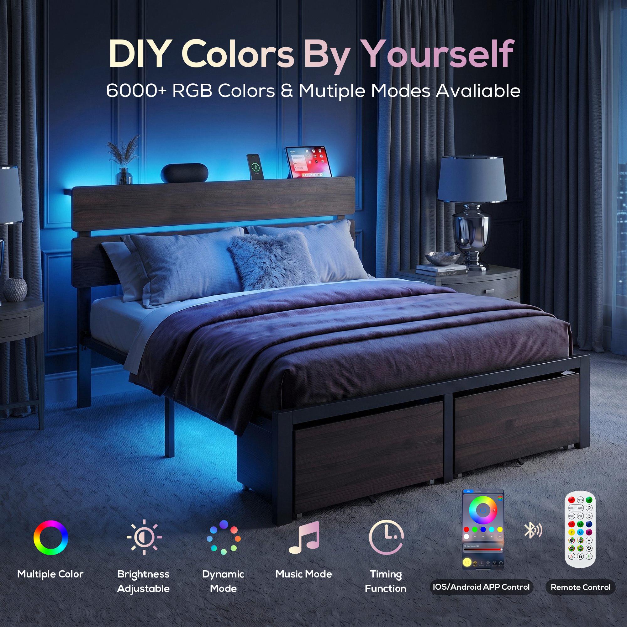 MUTICOR LED Bed Frame with 2 Fabric Storage Drawers, Charging Station & MDF Storage Headboard, Steel Slat Platform Bed with Underbed Storage, No Box Spring Needed
