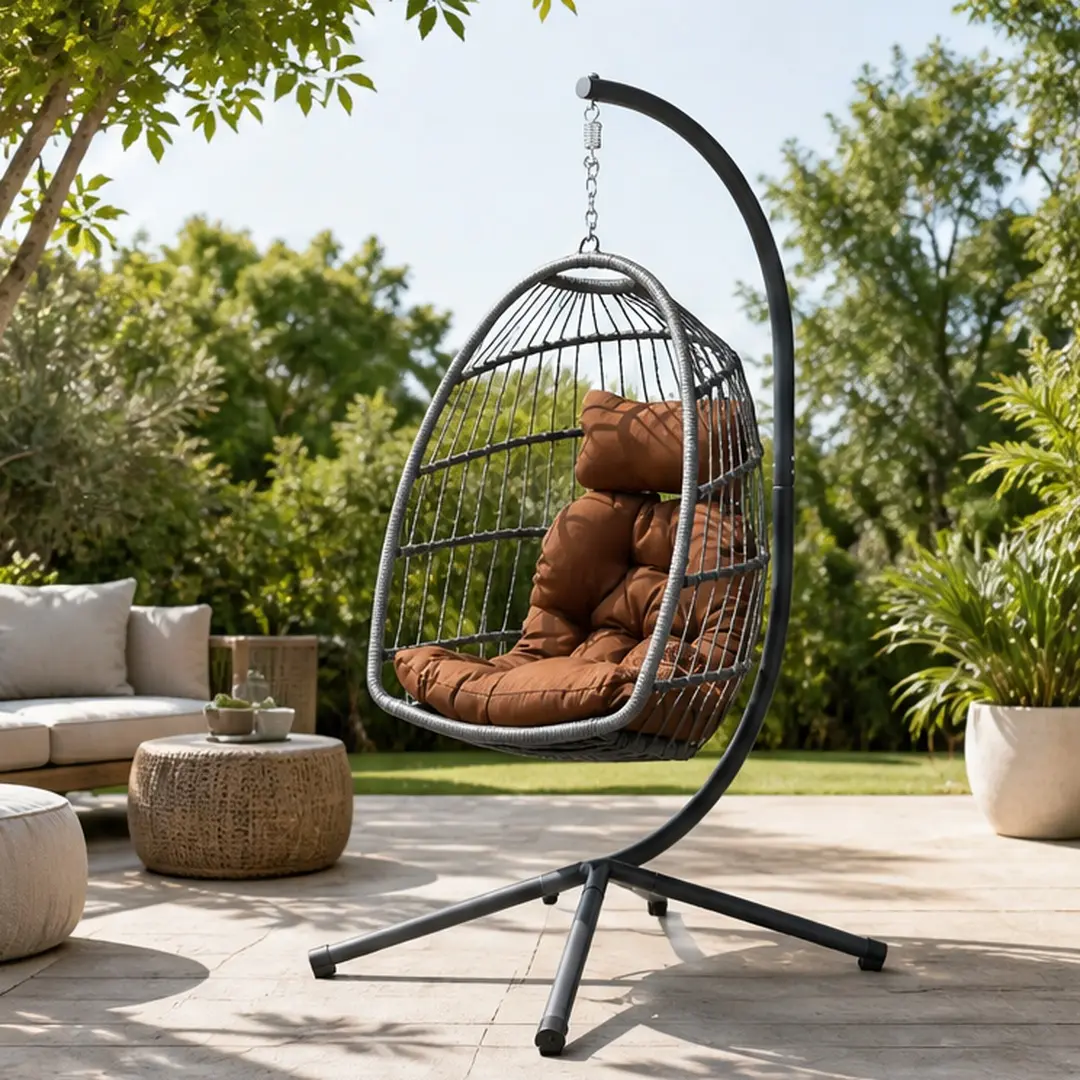 ARCH Egg Hanging Swing Chair with Stand Outdoor Foldable Patio Wicker Swing Chair for Bedroom Balcony Garden with Cushion 350Lbs Capacity Brown Aluminum Alloy Frame Weather Resistant Indoor Lounge Basket Hammock Swinging Chair, Brown Color Options