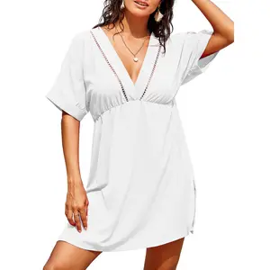 Dokotoo Swimsuit Coverup for Women Hollow Out V Neck Short Sleeve Bathing Suit Bikini Beach Cover Ups Mini Dress