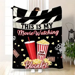 1pc Movie-Themed Flannel Blanket With Popcorn, Soda & Film Clapperboard Design - Soft Warm Bedspread Suitable Sofa, Bed, Camping - Cozy Movie Lovers, All-Season Bedding Accessory