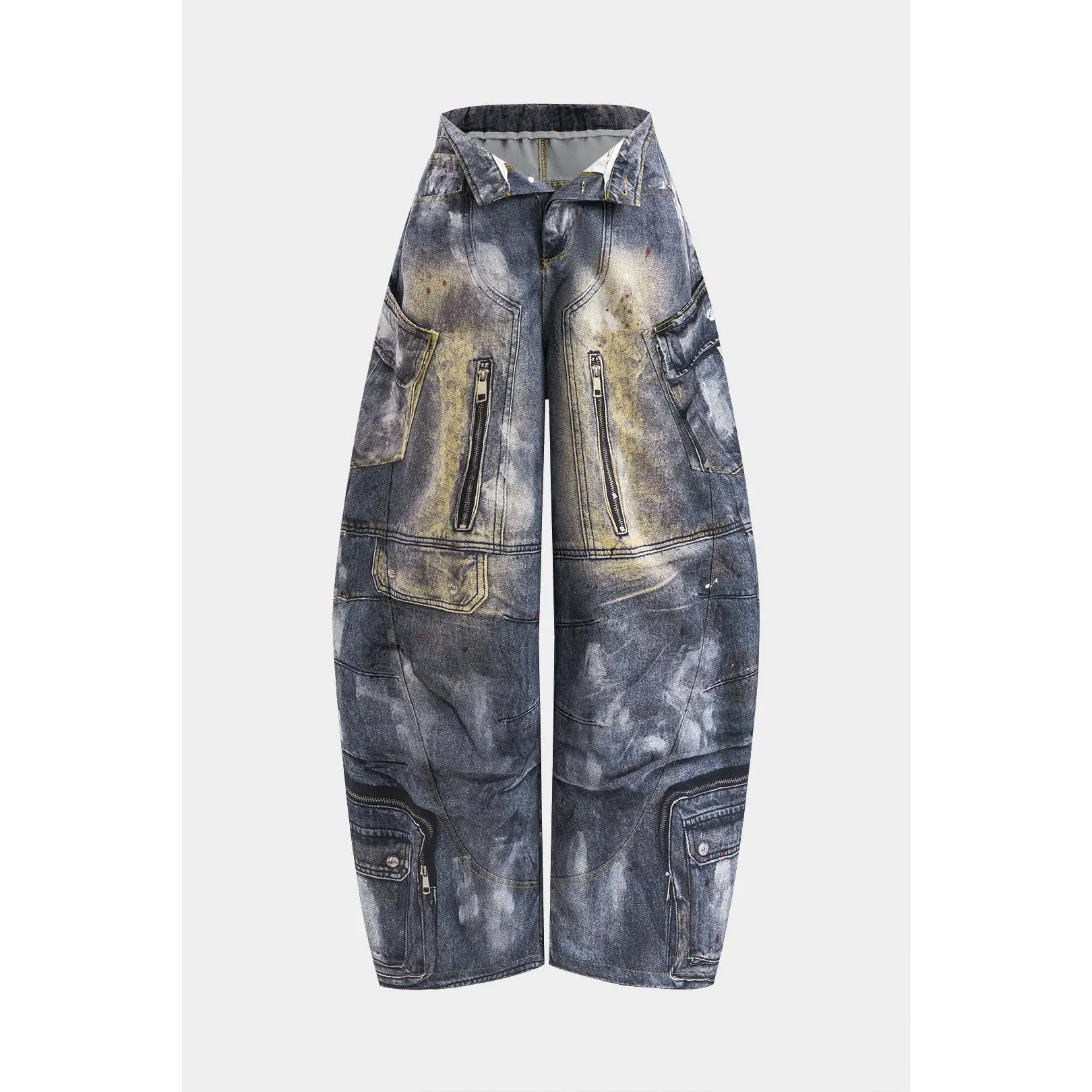 Women's Abstract Print Pocket Barrel Pants, Loose-Fit Cloth Fabric Bottoms for Daily Wear
