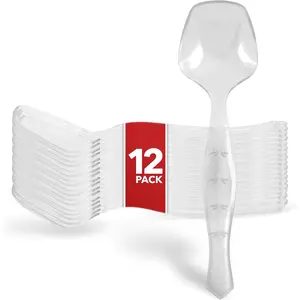 12 Count Disposable Clear Plastic Serving Utensils for Catering, Weddings, Holidays and More, Large Plastic Buffet Spoons, Stock Your Home Set Bowl