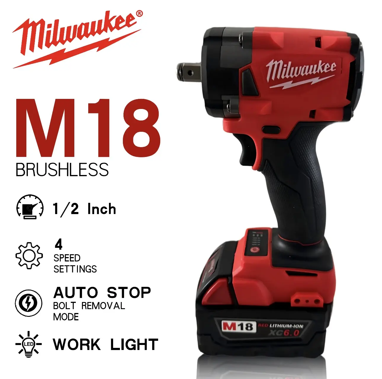 Milwaukee M18 FIW212 1/2-Inch Impact Wrench, High-Torque Hand Tool with 4 Drive Modes for Controlled Fastening, Ideal for Automotive Repair and Industrial Maintenance kit car mount pick set stable power output diy task rivet nut
