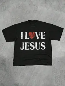 Y2K Style Unisex Vintage Christian "I Love Jesus" slogan print Tee, Round Neck Short Sleeve T-Shirt, Streetwear Faith Culture, Comfortable Casual Wear