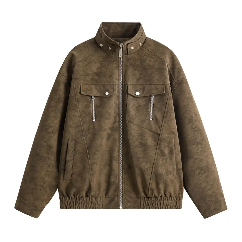 Retro faux suede stand collar jacket, loose fit unisex workwear outerwear, available in multiple colors, Vintage Gradient Cuff Fencing Jacket Plaid Lapel Casual trendy fashion