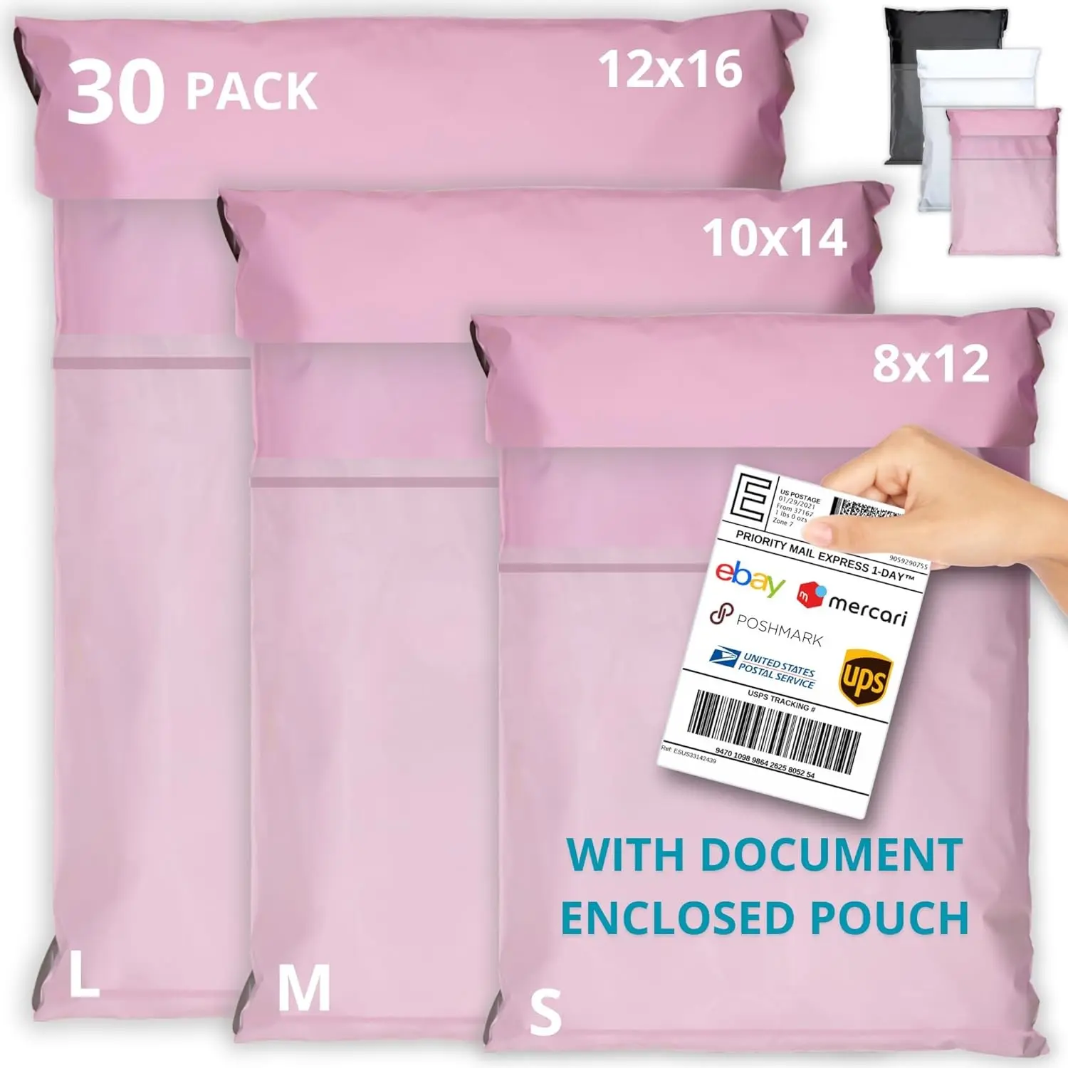 Shipping Bags (30 Pack) with Label Pouch - 8x12, 10x14 & 12x16 - Poly Mailers for Clothes, Self-Seal Plastic Mailing Envelopes - Tear & Water-Resistant Packaging Bags for Clothing, Not Padded