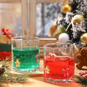2 count Christmas Icon Glass Cups - 14 oz Icon Juice Glass with Gingerbread and Candy Canes Old Fashioned Hand Blown Drinking Cups Drinkware  Set for Xmas Party  Lovely Gifts