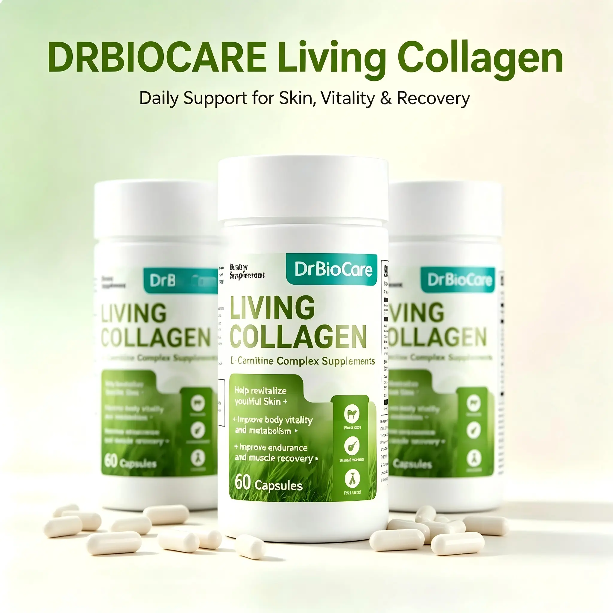 DrBioCare Living Collagen Capsules - 3-Pack, 60 Total, with L-Carnitine, Collagen Peptides, Bovine Colostrum - Natural Gentle Women's Health Supplement for Balance, Daily Wellness