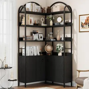 Corner Bookshelf with Cabinet, 74.5" Corner Bookcase with Storage. Tall Arched Bookshelf with Adjustable Feet&Anti-Tipping Device, Ideal for Office, Living Room