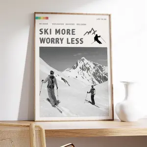 Ski More Worry Less Poster, Skiing Alps Outdoor Adventure Art Print, Winter Sport, Black And White Vintage, Skiing Gift Idea