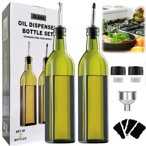Classic Green Sun-Safe Kitchen Oil & Vinegar Dispenser Utensils (2-Pcs 500ml Bottle Set) - Durable Reusable Leakproof Kit with 2 Cylindrical 18/8 Stainless Steel Dust-Free Pourers, 1 Funnel, 4 Labels - For Salad Dressing, Barbecue