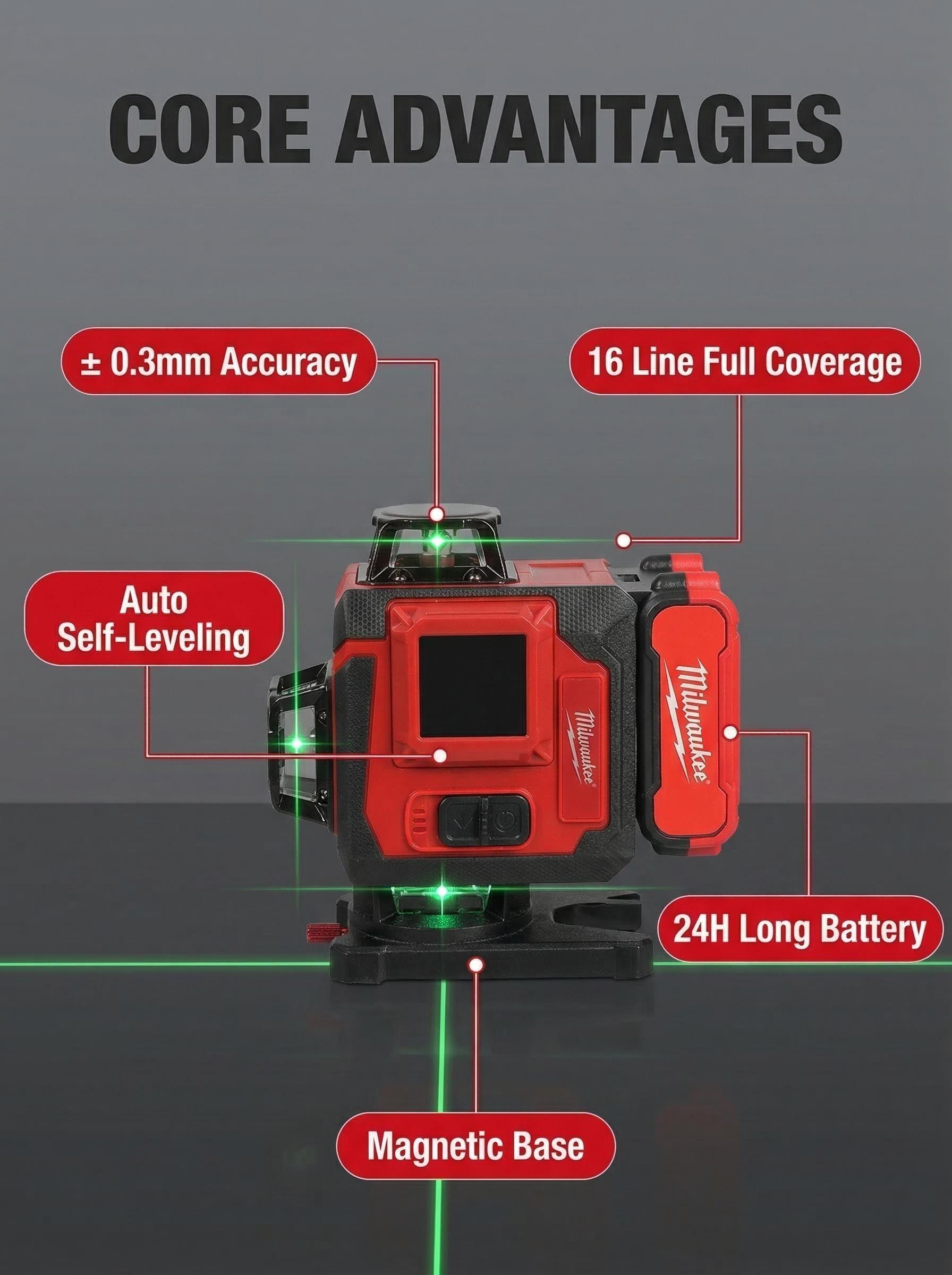 Milwaukee 16 Line Laser Level Kit For Construction Layout And Interior Installation Measuring Tool ±0.3mm Accuracy Dual Power Long Runtime Line Laser Level with Tripod