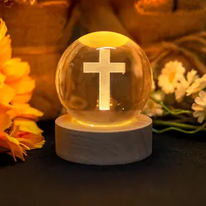 Crystal ball cross statue wooden base glass ball religious collection home decoration gift ornaments luminous