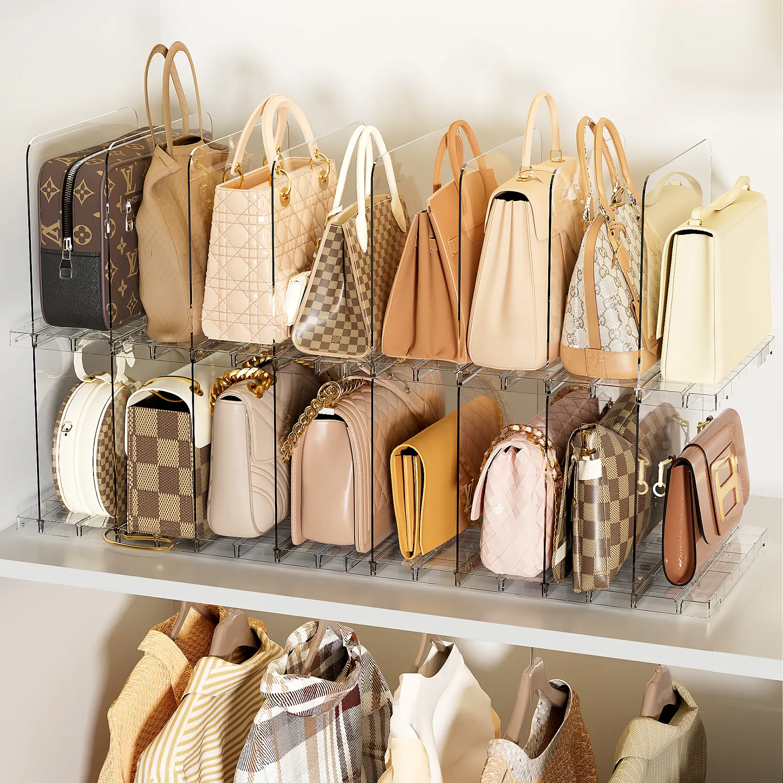 Acrylic-Look Closet Organizer - Shelf-Fit Purse Storage with Transparent Dividers, Vertical Zones for Upright Handbags, Clutches, Wallets, Pocketbooks, Neat Home Organization & Easy Daily Access