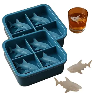1pc Shark Silicone & Candy/Mousse Mold Maker with 4-Cavity Non-Stick Tray - Shark-Shaped Ice Cubes, Chocolate, Cookie, Pudding Molds - Easy Release, Dishwasher Safe, Reusable Kitchen Party Decorations for Shark-Themed Parties, Creative Dessert Molds