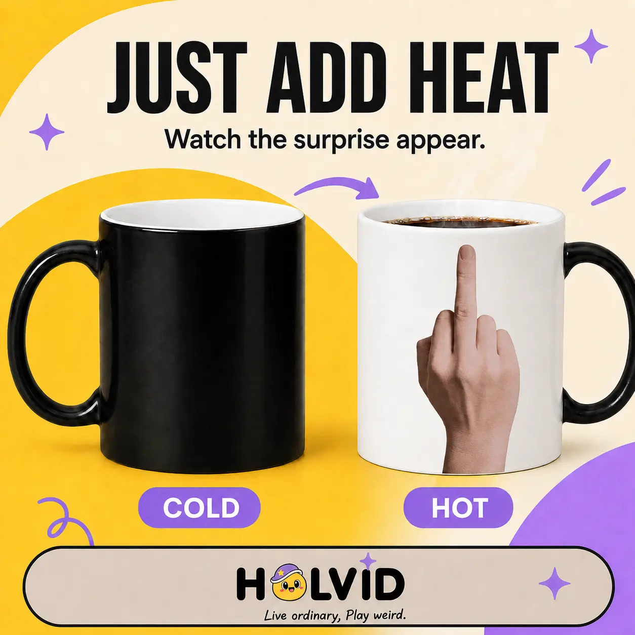 Holvid Just Add Heat Mug - 1-piece Cold-to-Hot Transformation Mug with Surprise Design, Everyday Plain Style, "Live Ordinary Play Weird" Slogan - Unique Sohochic Gift Idea for Kitchenware Drinkware Enthusiasts, One Piece