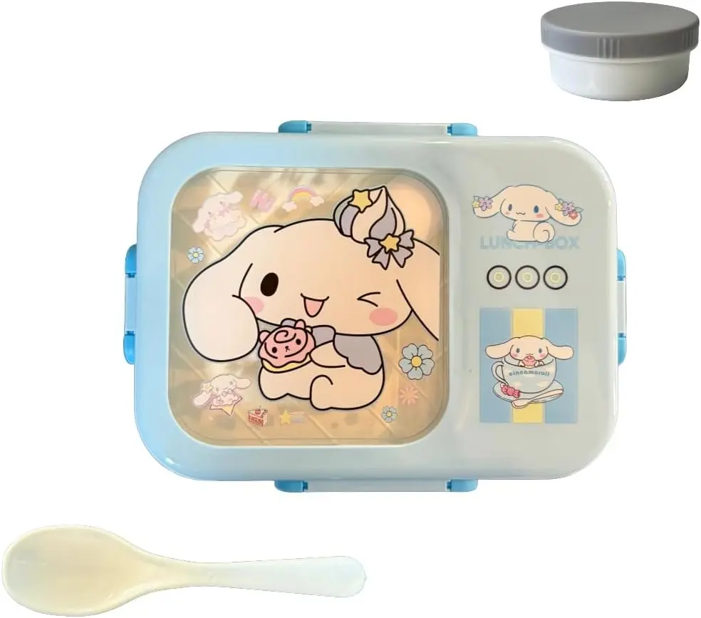 3-Compartment Big Bento Lunch Box Tableware Set - Sealed Lid, Sauce Container, Durable Portable Plastic Spoon, Cute Kawaii Anime Kitty Bunny Design (Blue Roll, On-the-Go Use)