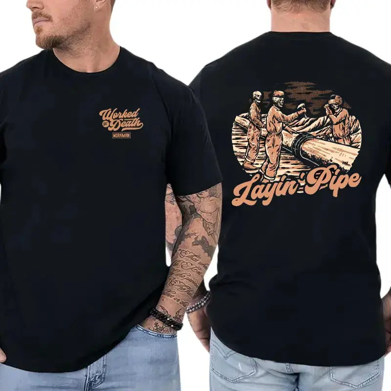 Layin’ Pipe Construction T-Shirt, Pipeline Worker Graphic Tee, Funny Blue Collar Work Shirt for Plumbers & Pipefitters, Gift for Tradesmen