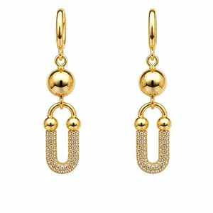 Gold Plated Pavé U-Link Drop Hoop Earrings | Trendy Statement Dangle Earrings for Women