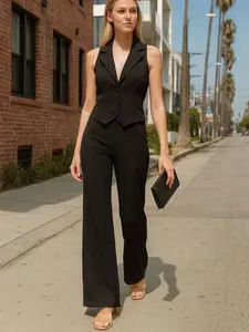 Paulina's Fitted Jumpsuit - Sleeveless Summer Dress Clothing Material - Plain Below the Ankle Minimalist OL Style True to Size V-Neck Women's Wear Hip Overalls 95% Polyester 5% Spandex
