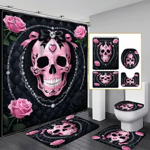 1/3/4PCS Day of the Dead Shower Curtain set, Pink Skull and Roses Bathroom Decor, Accessories with Bath Mat, U-shaped Mat, Toilet Lid Cover, 12 Hooks 180x180cm Curtain, Gothic Style, Home Decor, bathroom accessories.