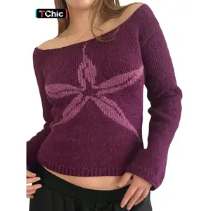 Women's Short Knit Pullover Sweater Knitwear, Fashion Casual Maple Leaf Pattern, Slim-Fitting All-Season Wear, Perfect for Spring & Fall