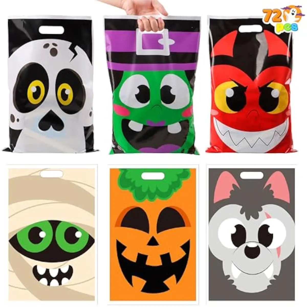 JOYIN 72 Pcs Halloween Bags, Plastic Goodie Bag in 6 Designs for Halloween Candy Trick or Treating Party Favors, alloween Trick-or-Treat SnacksBags Party Supplies Classroom Prizes