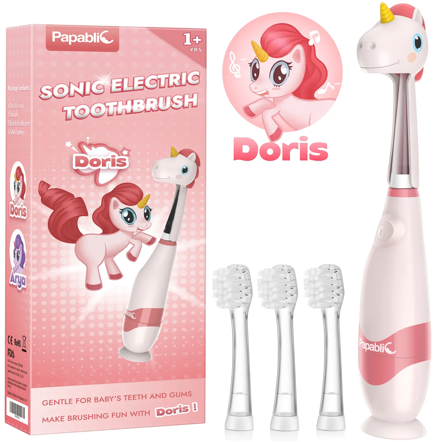 Papablic Doris Unicorn Sonic Electric Toothbrush, Gentle Oral Care for Toddlers Ages 1-3, Ergonomic Kit with LED Light, Smart Timer & 4 Brush Heads