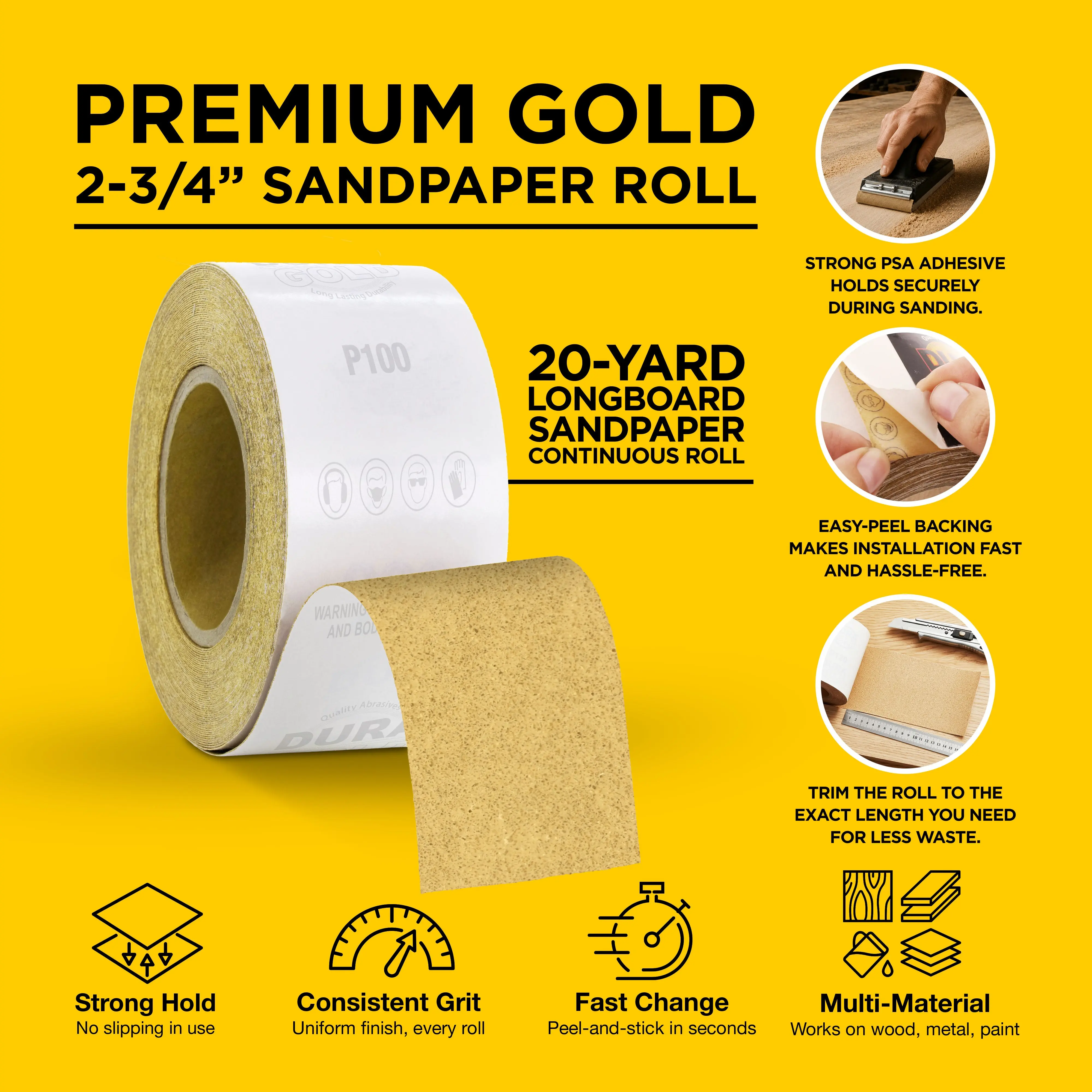 80 Grit Gold - Longboard Continuous Roll PSA Stickyback Self Adhesive Sandpaper 20 Yards Long by 2-3/4" Wide