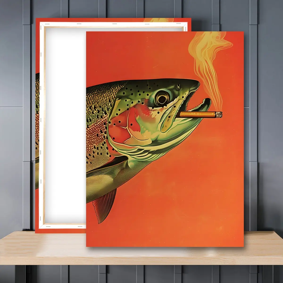 1pc Wooden Framed, Trout Smoking a Cigarette Artistic Vintage Poster, Funny Retro Whimsical Fish Print Wall Art Canvas Painting, Outdoor Sports Fisherman Illustration Wall Picture, Picture Image Prints, Home Decor Ideas, Gift for Dad