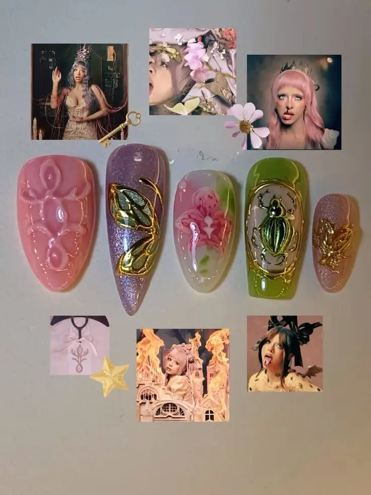 EMelanie Martinez Hadese Press On Nails | 3D Beetle Flower Rhinestone Handmade Album Inspired Nail Art with Gift Set (Adhesive Tabs, Nail File, Cuticle Stick) | Reusable Fake Nails
