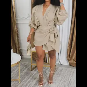 Women's Plain Tie Side Wrap V Neck Dress, Chic Elegant Formal Bishop Sleeve Mini Dress for Party Holiday Wedding Guest, Fall Dresses, Ladies Clothes for All Seasons, WomenswearRAIMENTRY