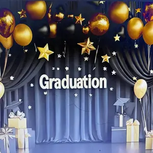 Maga Graduation Celebration Background Banner with Gold and Balloons, Stars and Graduation Word, Durable Polyester for Parties and Photos, Grad Party Decorations