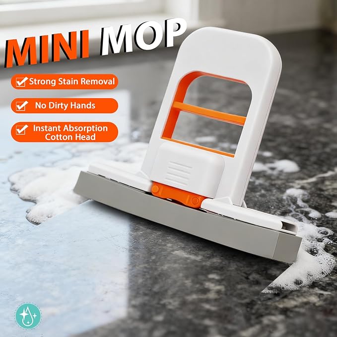 2026 New Mini Mop: Portable Self Squeezing Sponge Mop for Small Spaces, Bathroom Kitchen Desktop Glass Cleaning Gadgets, Wet & Dry Quick Clean Lightweight Compact Orange Can Stand or Hang