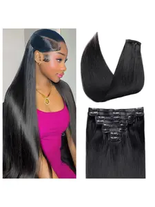 Clip in Hair Extensions Real Human Hair Seamless Natural Black chocolate honey Highlight Ombre Honey Blonde Human Clip ins Extensions for Women Invisible Straight 8Pcs Double Weft Remy Hair