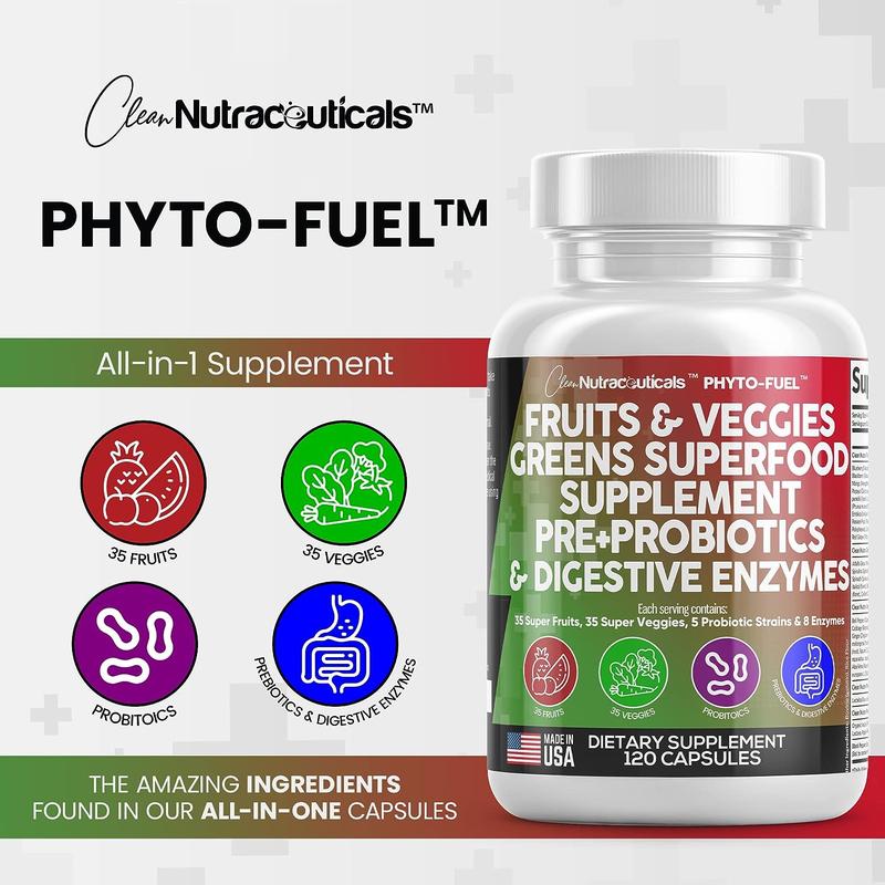 Clean Nutraceuticals Fruits & Veggies, Greens Superfood Supplement, Prebiotics, Probiotics & Digestive Enzymes for Gut Health Support Capsules – Phyto-Fuel
