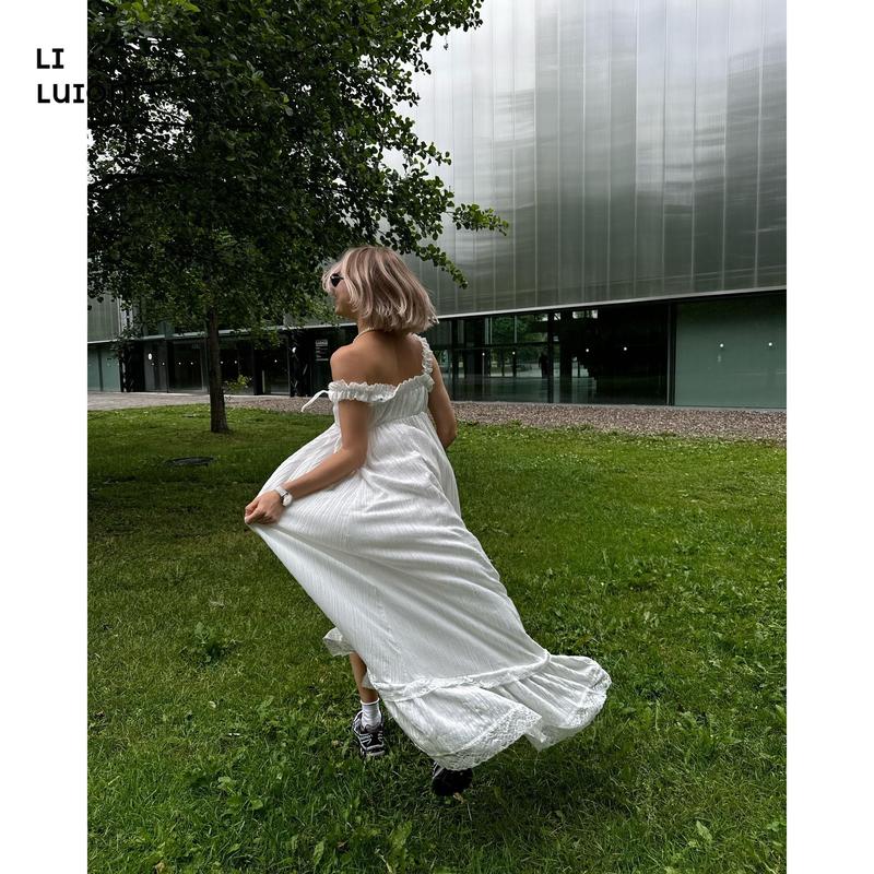 Women's Loose Sleeveless White Long Skirt For Lady Seaside Vacation