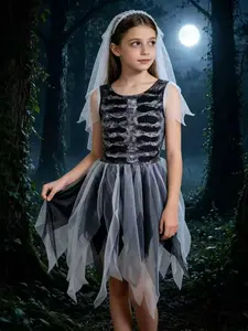Dark Skull Print Top with Asymmetrical Lace Skirt, Ghost Bride Design, Perfect for Halloween Party, Dark Theme Events, Cosplay