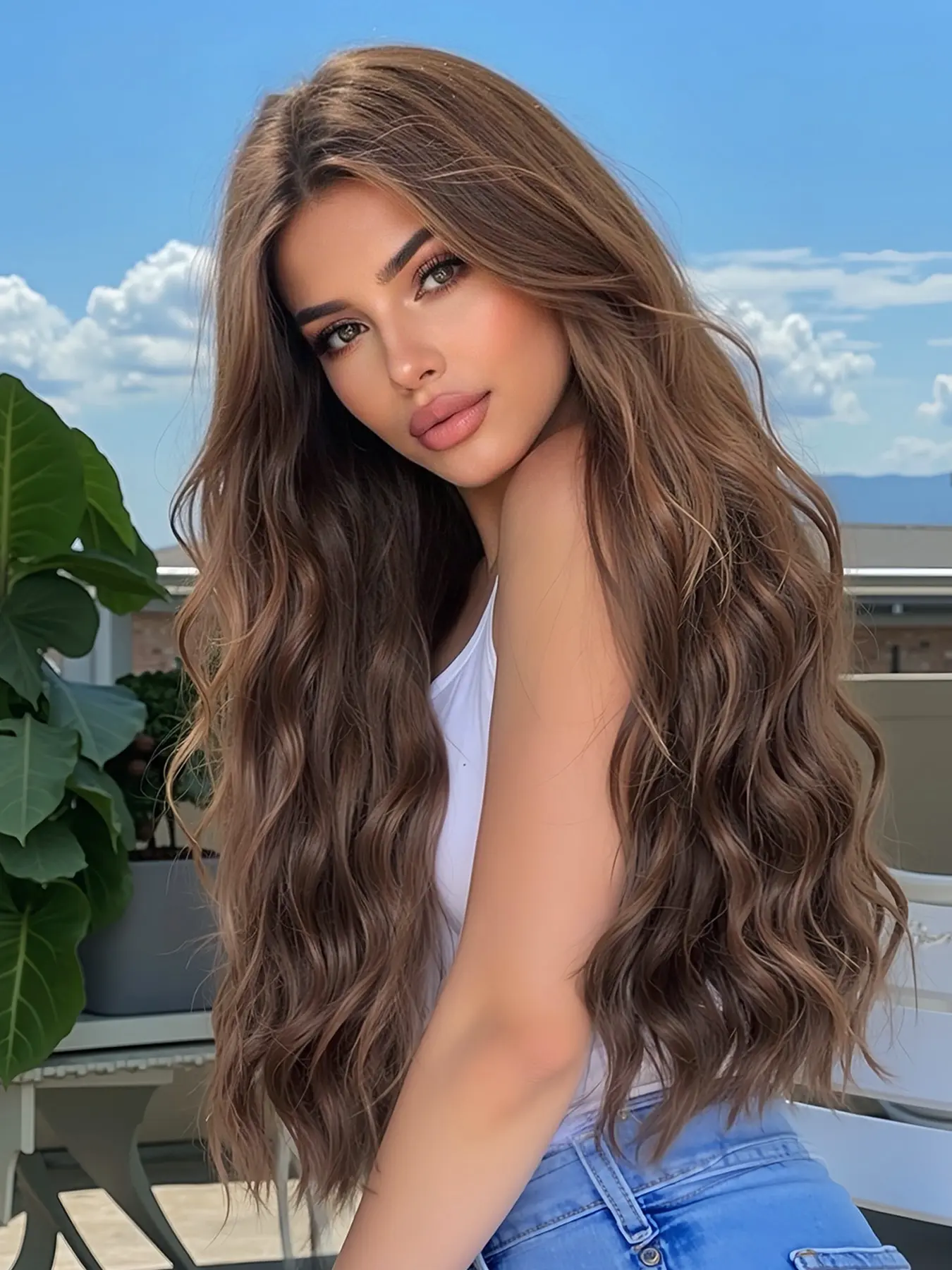 Brown Wigs for Women, Long Wavy Chestnut Brown 26 Inch Middle Part Synthetic Heat Resistant Wig for Daily Party Date