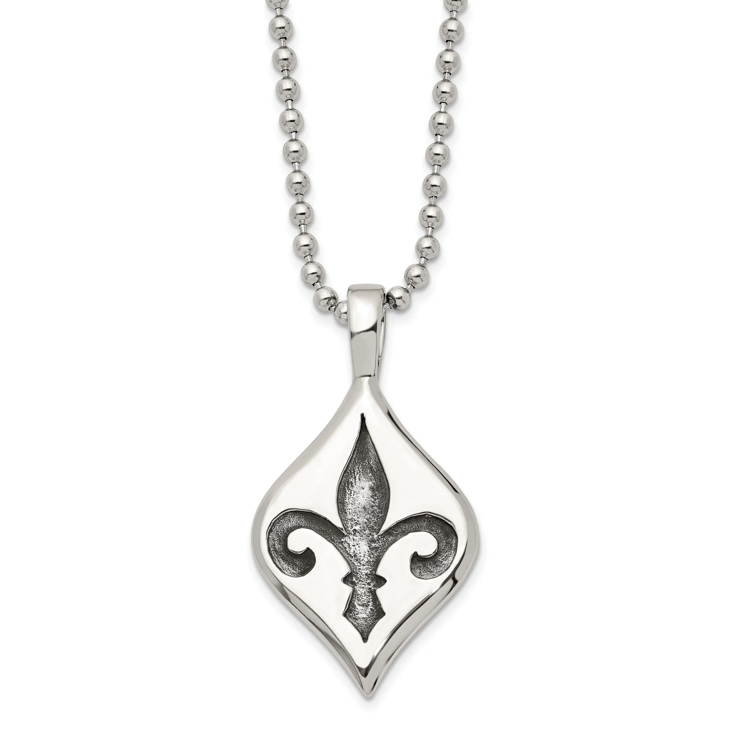Men's Stainless Steel Fleur-de-lis Necklace with Polished Antiqued Finish