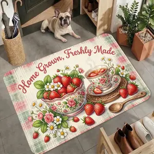 Vintage Pink Green Plaid Strawberry Tea Doormat Soft Cozy Thick Flannel Plush Non Slip Machine Washable Entryway Rug For Indoor Bedroom Kitchen Bathroom Living Room Office Outdoor Porch Balcony Hallway Treads Stair Non-Slip