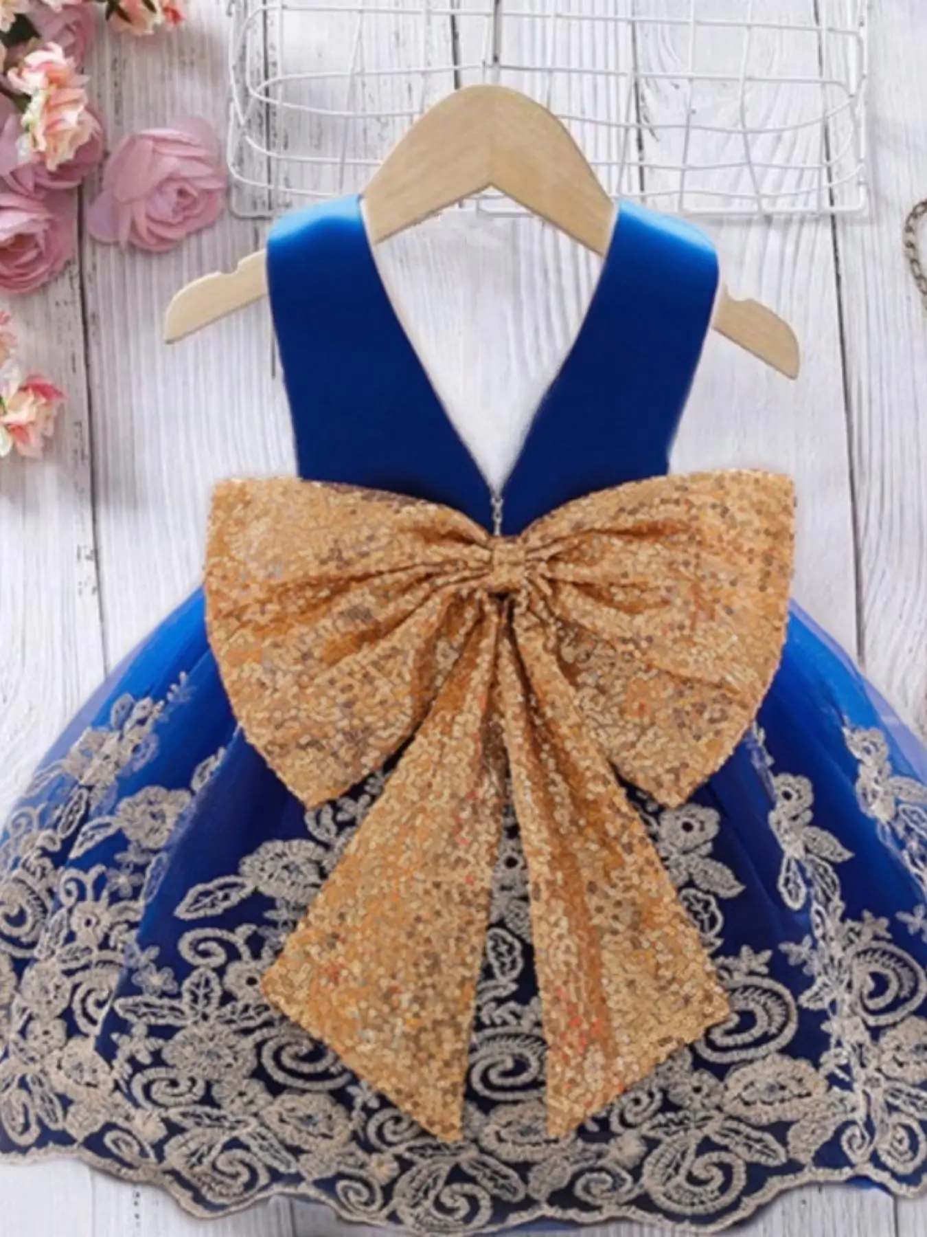 Girl's Floral Embroidery Contrast Sequin Bow Decor Dress with Hair Band, Elegant Sleeveless Zipper Back Party Dress for Wedding Guest, Kids Clothes fo