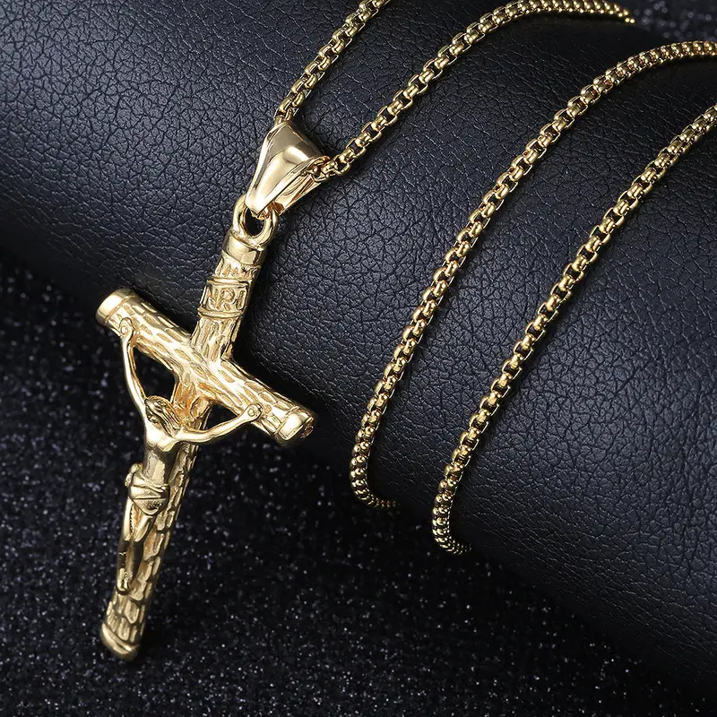 Gold Plated Jesus Christ Crucifix Cross Pendant Necklace 16-30" Box Chain Unisex Stainless Steel Spiritual Religious Jewelry for Daily Wear