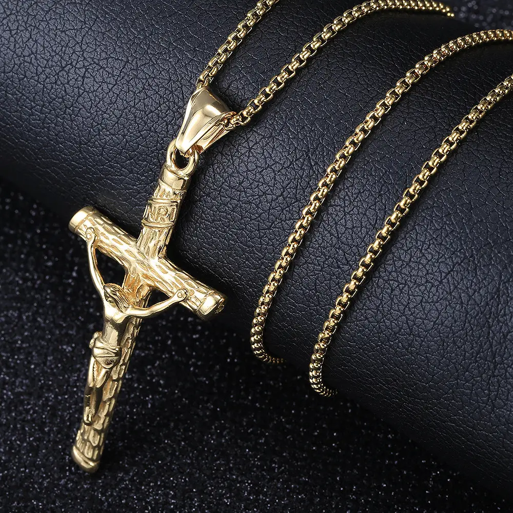 Gold Plated Jesus Christ Crucifix Cross Pendant Necklace 16-30" Box Chain Unisex Stainless Steel Spiritual Religious Jewelry for Daily Wear
