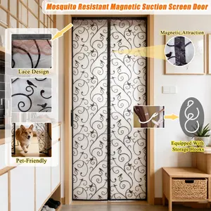 Summer Magnetic Screen Door, Bird Print Mesh Door Curtain with Storage Hook, Mosquito Net, No Drilling Installation, Pet Friendly