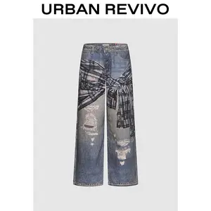 URBAN REVIVO Paneled Ripped Denim Jeans (UYV850082) - 2025 Women's Mid Waist Bottoms, Streetwear Grunge Decorated Modern Bottoms, Versatile Casual Women's Clothes, Mid Waist Jeans, Patchwork Jeans