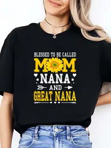 Plus Size Casual T-Shirt for Women, Polyester Blend, Crew Neck, Short Sleeve, Slight Stretch, Knit Fabric, Oversized Pullover with Geometric Pattern and "Mom Nana Great Nana" Print for Spring/Summer