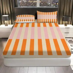 3Pcs Orange Pink Striped Fitted sheet Three Piece Set (1*Fitted Sheet+2*Pillowcases, Coreless), Modern theme, Striped Bedding Set, Mattress protector Soft, Breathable